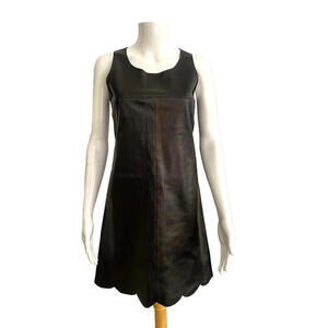 98C Chanel Vintage 1998 Black FR-36 Lambskin Leather Scallop Hem Mini Dress
